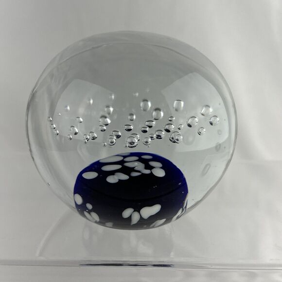 Vintage Handblown Control Bubble Glass Paperweight Clear Cobalt - Picture 4 of 7